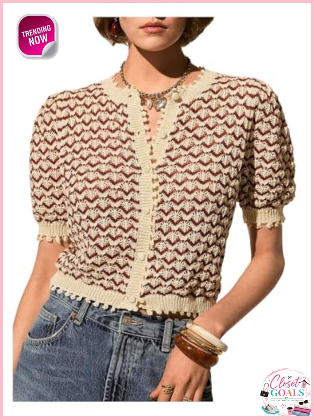 Striped Short Sleeve Crochet Cardigan Button Front Sweater